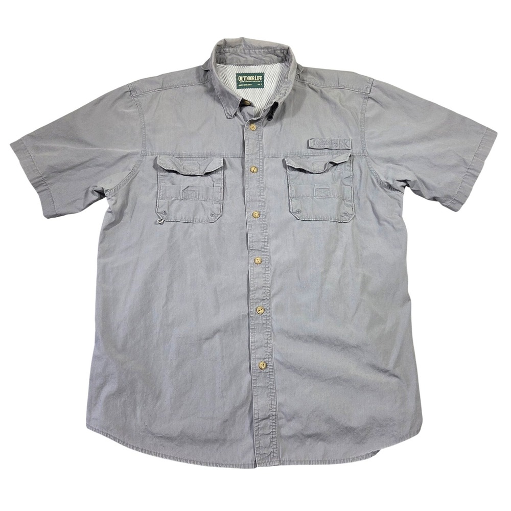 Outdoor Life Mens Gray Short Sleeve Fishing Utility Shirt Large Mesh Vent Cotton